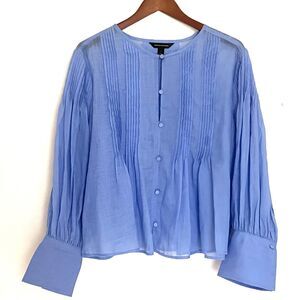 Banana Republic Womens Blouse L Peasant Ramie Periwinkle Long Sleeve Pin Tuck